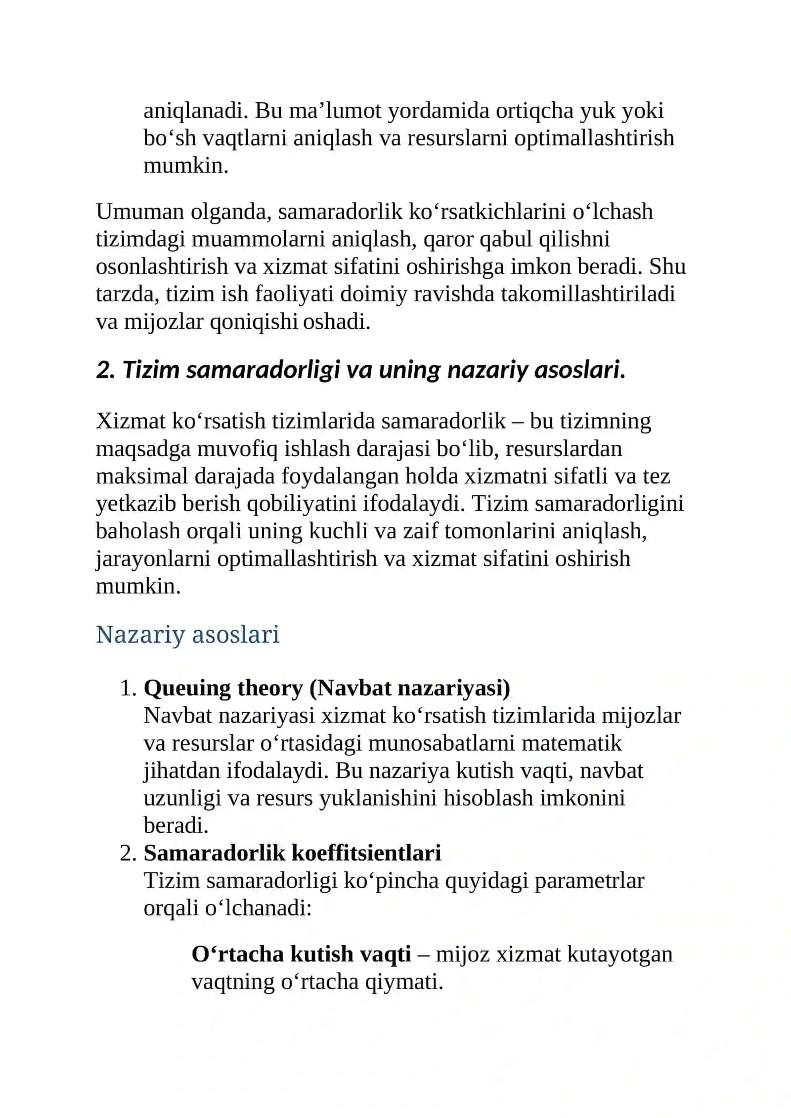 Xizmat ko‘rsatish tizimlarining samaradorlik ko‘rsatkichlari 4