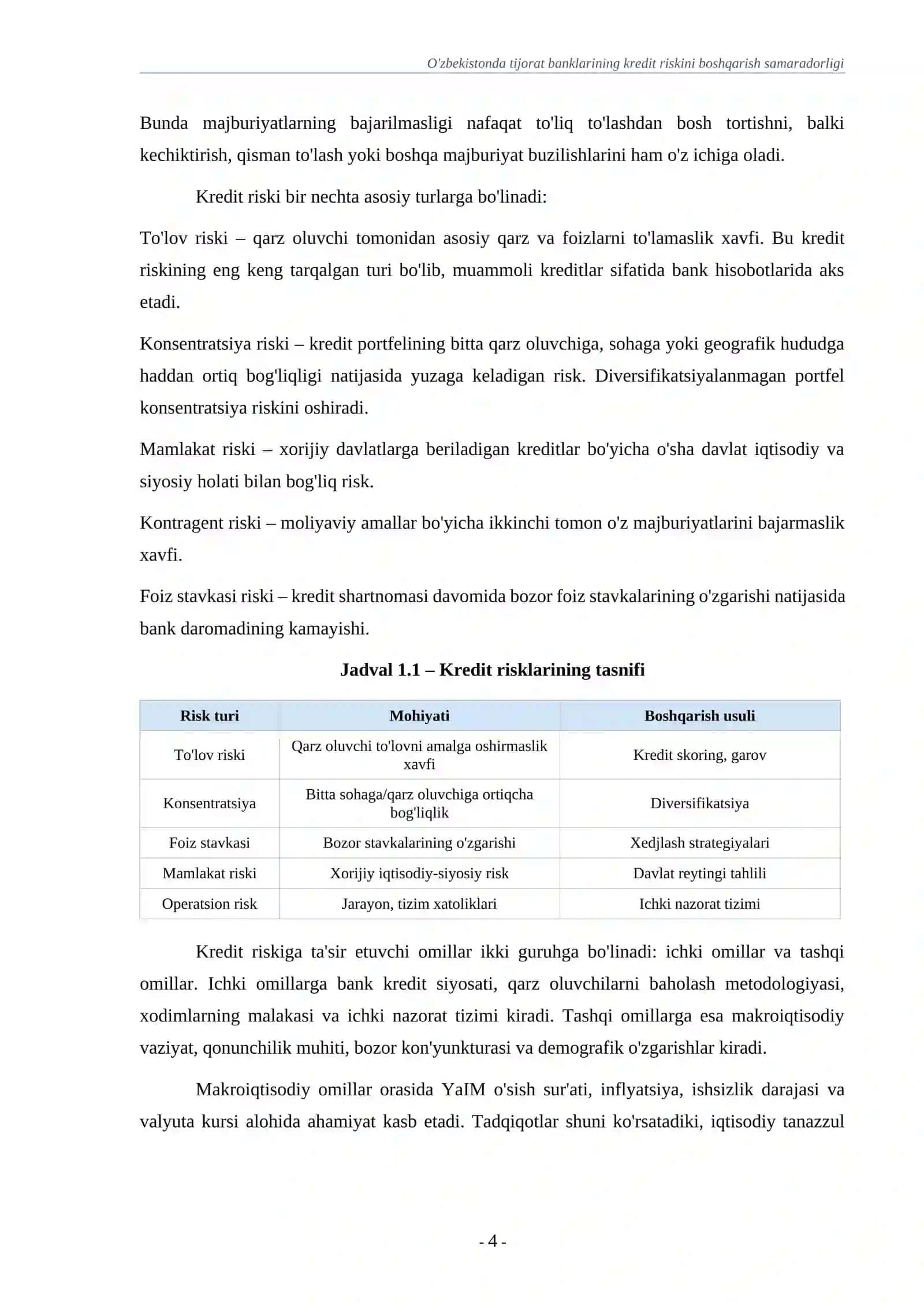 O'ZBEKISTONDA TIJORAT BANKLARINING KREDIT RISKINI BOSHQARISH SAMARADORLIGI 4