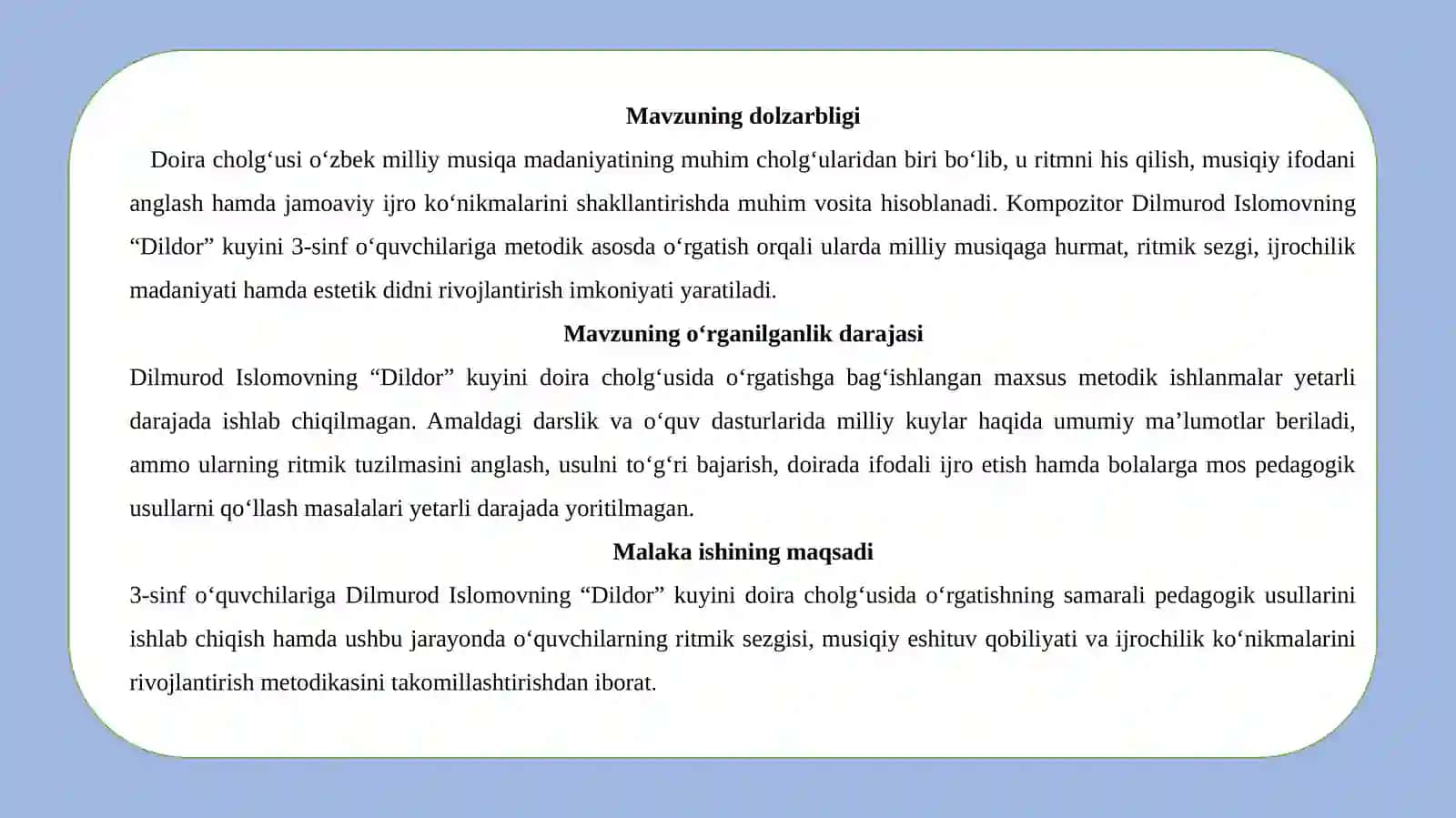 "BMSMning 3-sinf o‘quvchilariga []ning “Dildor” kuyini doira cholg‘usida o‘rgatish metodikasi" 4