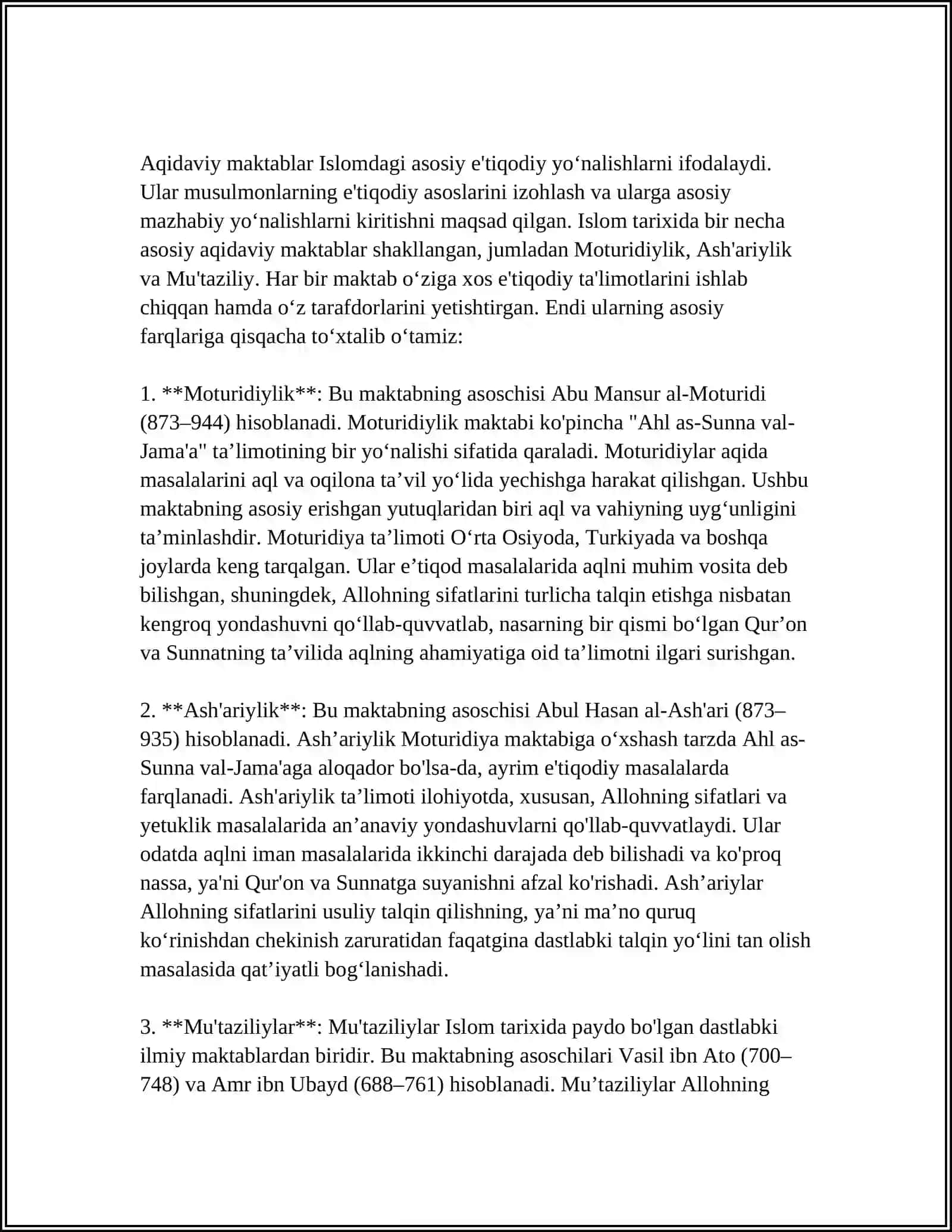 ISLOM DININING AQIDAVIY YONALISHLARI VA MAKTABLARI 4