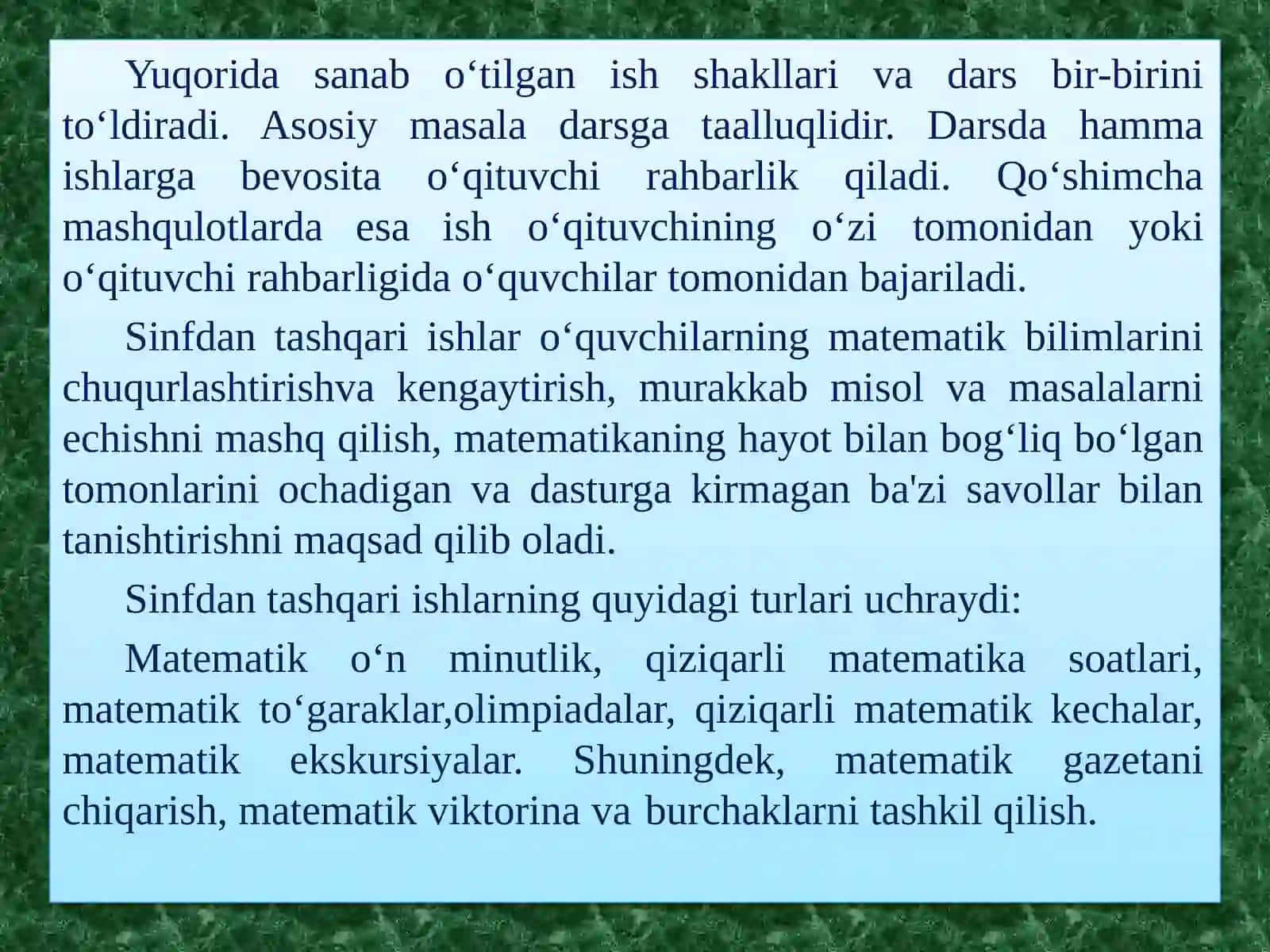 27-mavzu: Ta’limning darsdan tashqariyordam chishaklari (to'garak, matematika kechasi va bosh qaturlari) 4