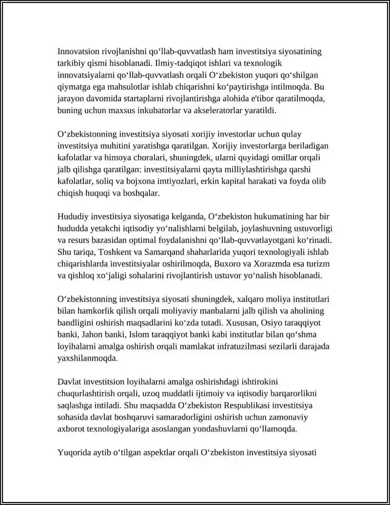 OʻZBEKISTONDA INVESTITSIYA SIYOSATI MOHIYATI VA YOʻNALISHLARI 4