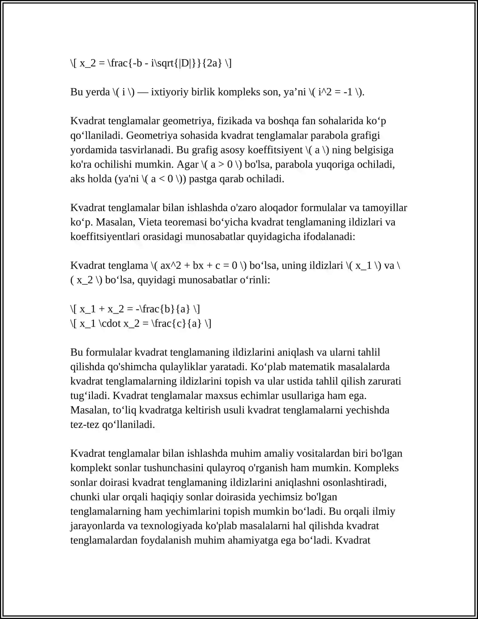 KELTIRILGAN KVADRAT TENGLAMA.VIYET TEOREMASINI O'QITISH METODIKASI 4