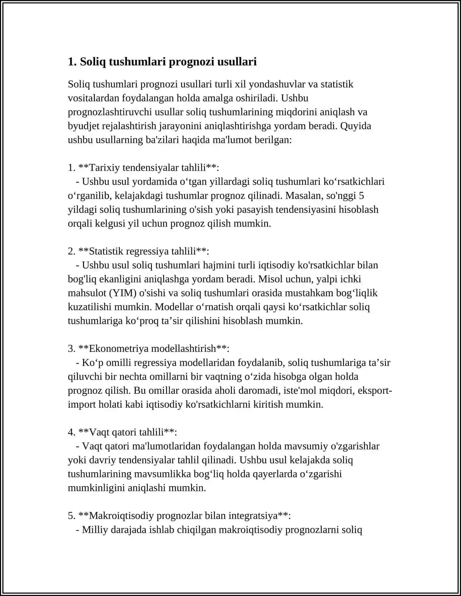 BOSHQA SOLIQLAR VA TOʻLOVLAR BOʻYICHA TUSHUMLARNI PROGNOZ QILISH SOLIQ TOʻLOVCHILARNING AYRIM TOIFALARIGA SOLIQ SOLISH TARTIBI 4