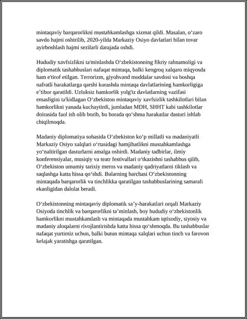 O'ZBEKISTONNING MARKAZIY OSIYODA TINCHLIK VA BARQARORLIKNI TAʼMINLASHDAGI O'RNI 4
