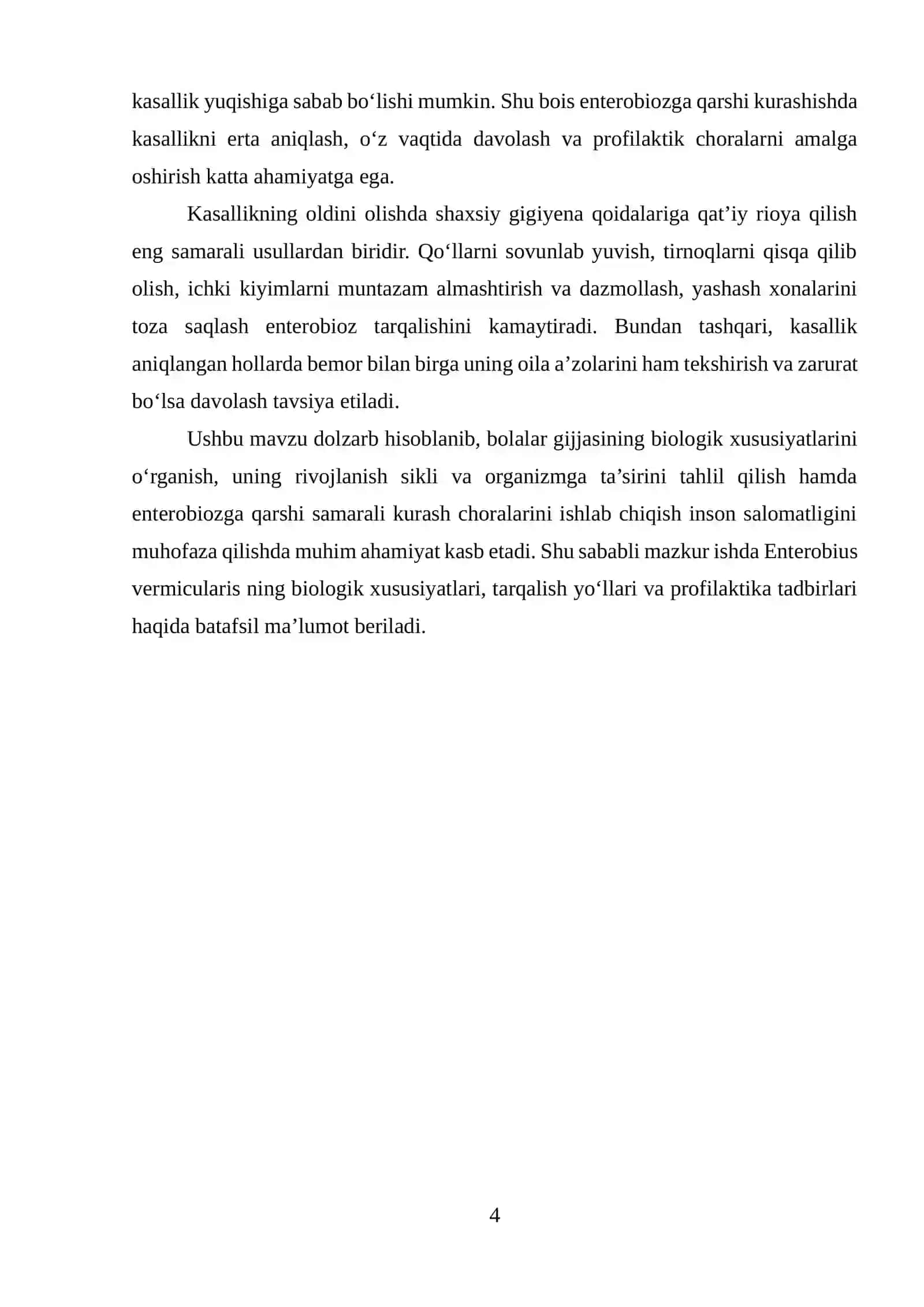 Bolalar gijjasi (Enterobius vermicularis) ning biologik xususiyatlari va unga qarshi kurash choralari 4