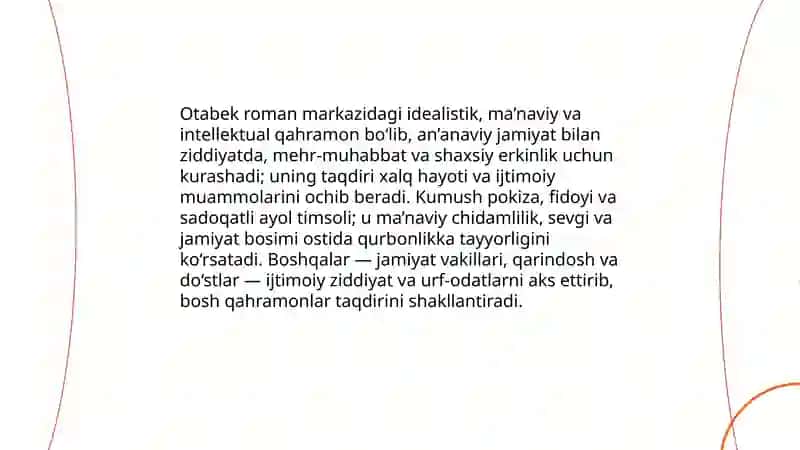 A.Qodiriyning "Oʻtkan kunlar "romani, "Uloqda " hikoyasi, "Kalvak Mahzumning xotira daftaridan "," Toshpo'lat tajang nima deydi " kabi hajviyalari mutolaasi 4
