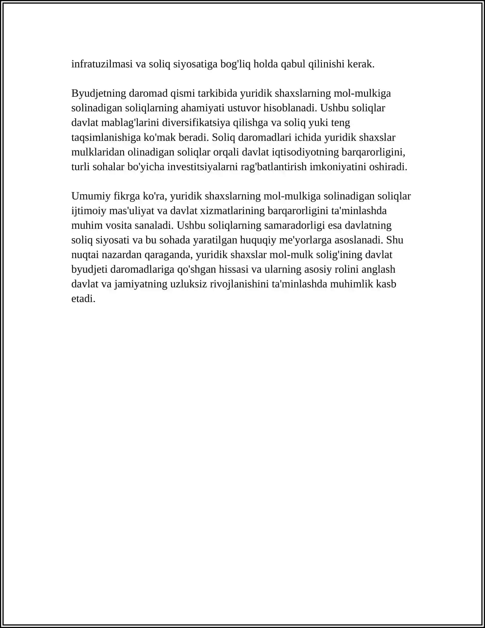 YURIDIK SHAXSLARNING MOL-MULKIGA SOLINADIGAN SOLIQNING DAVLAT BYUDJETI DAROMADLARINI SHAKLLANTIRISHDAGI AHAMIYATI 4