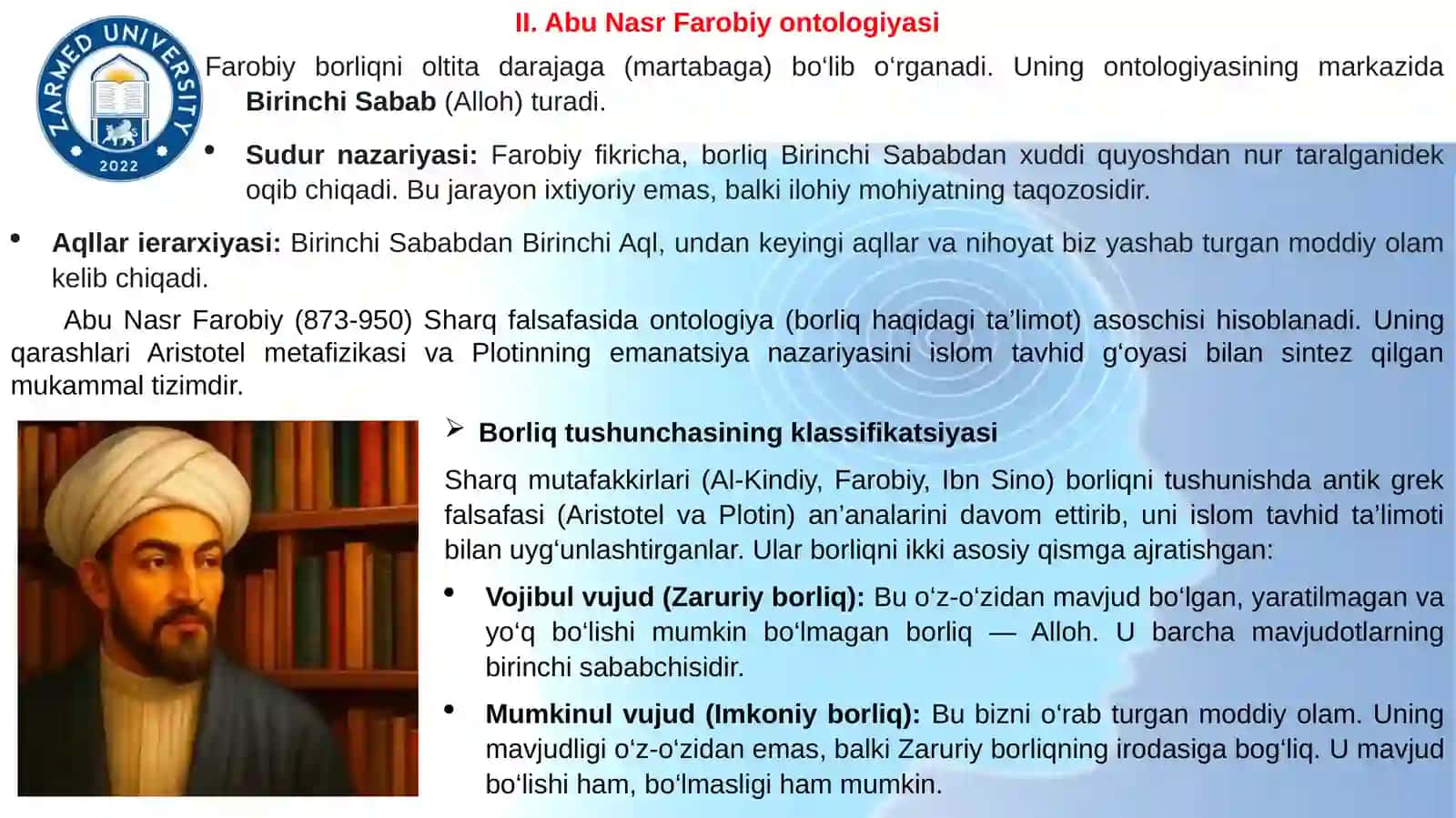 Farobiy va Ibn Sinoning ontologik qarashlarini sufizm ontologiyasi bilan qiyosiy taxlil etish 4