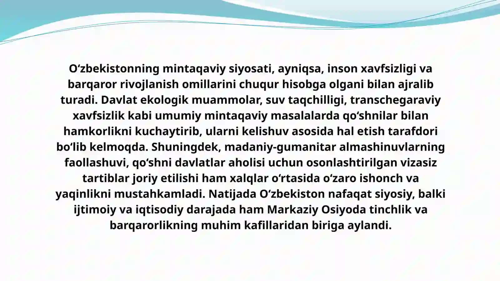 Oʻzbekistonning Markaziy Osiyoda tinchlik va barqarorlikni ta'minlashdagi oʻrni 4