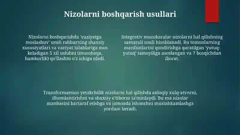 Guruh psixologiyasida yetakchilik va konfliktlarni boshqarish usullarini tahlil qilish 4
