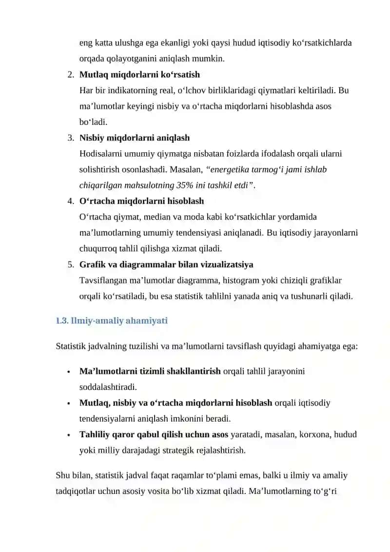 TAQDIM ETILGAN STATISTIK JADVALLAR ASOSIDA MUTLAQ, NISBIY VA O‘RTACHA MIQDORLARNI QO‘LLASH ORQALI TAHLILIY MA’LUMOTNOMA TAYYORLASH 4