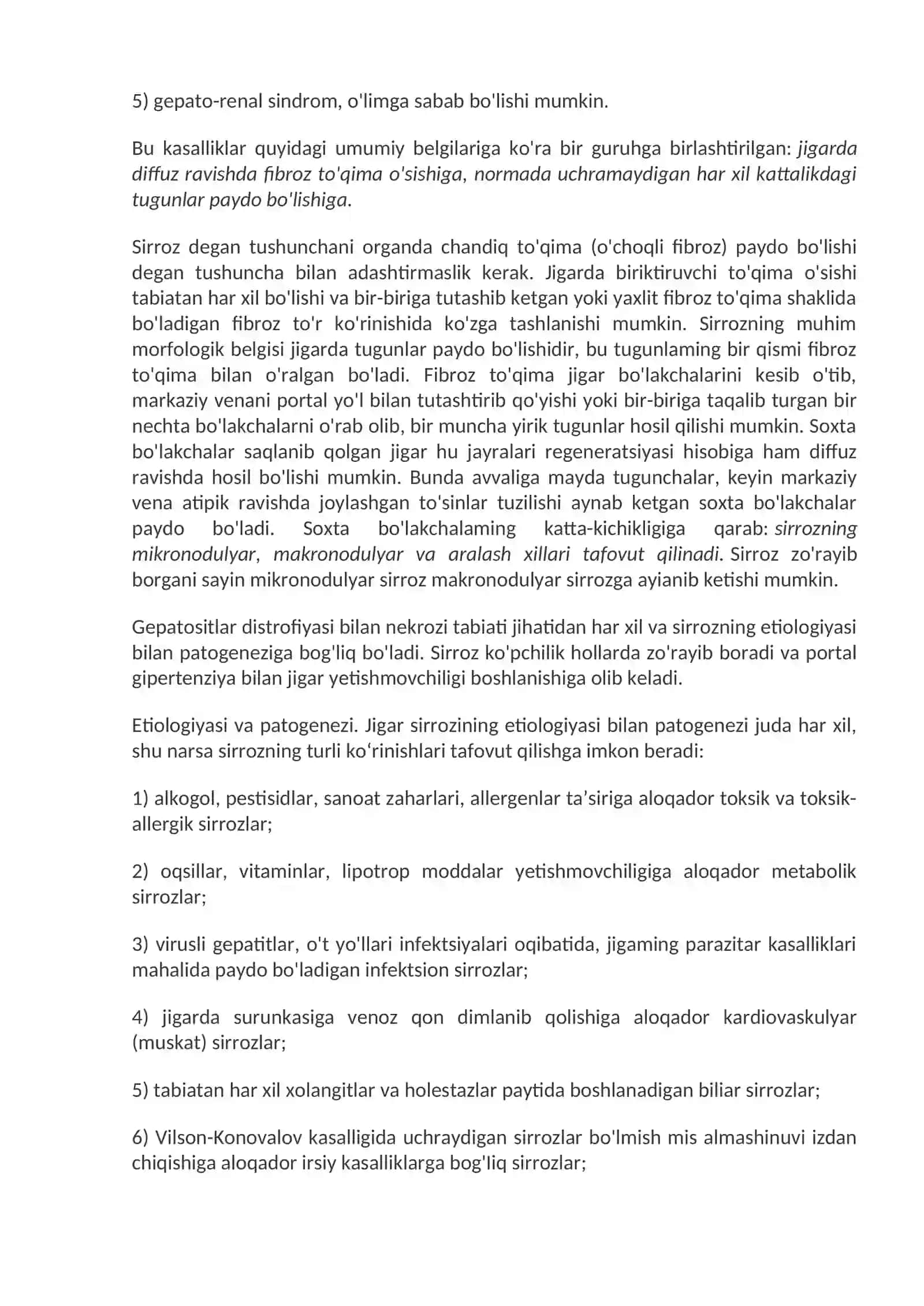 Jigarni toksik va dori  vositalaridan zarar. Jigar o‘smalari. O't tosh kasalliklari. 4