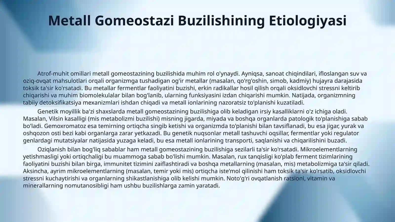 Tananing metall-ligand gomeostazining buzilishi mumkin bo‘lgan holatlar. 4