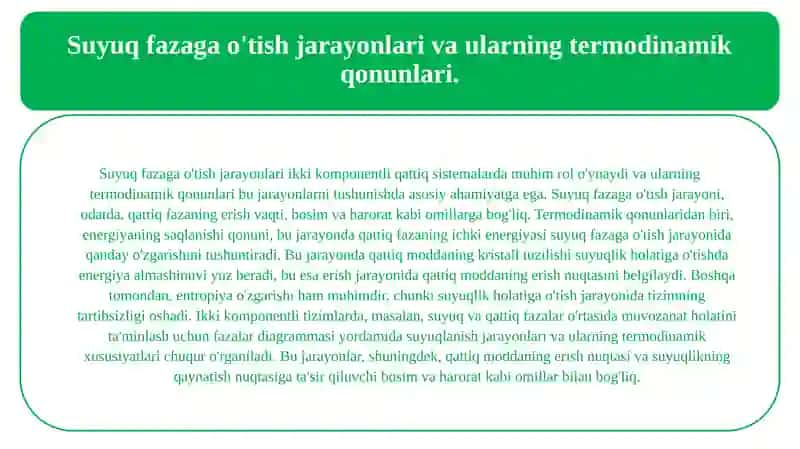 Ikki komponentli qattiq sistemalarning suyuqlanish holat diagrammasini tuzish 4