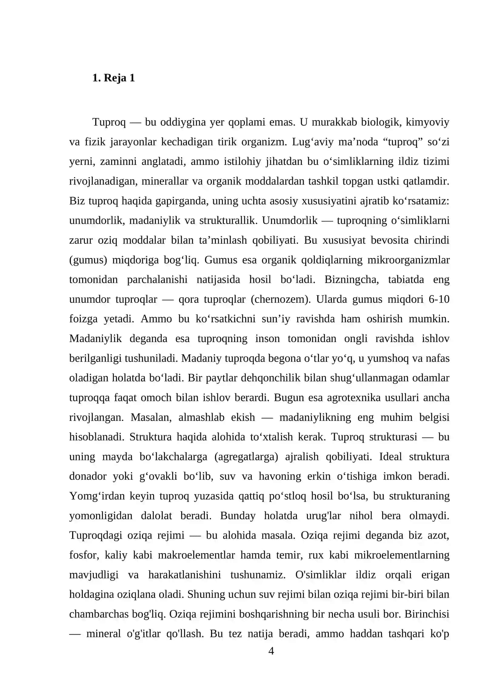 Tuproq unumdorligi, madaniyligi va struкturasi. Tuproqning oziq rejimi va uni boshqarish usullari 4