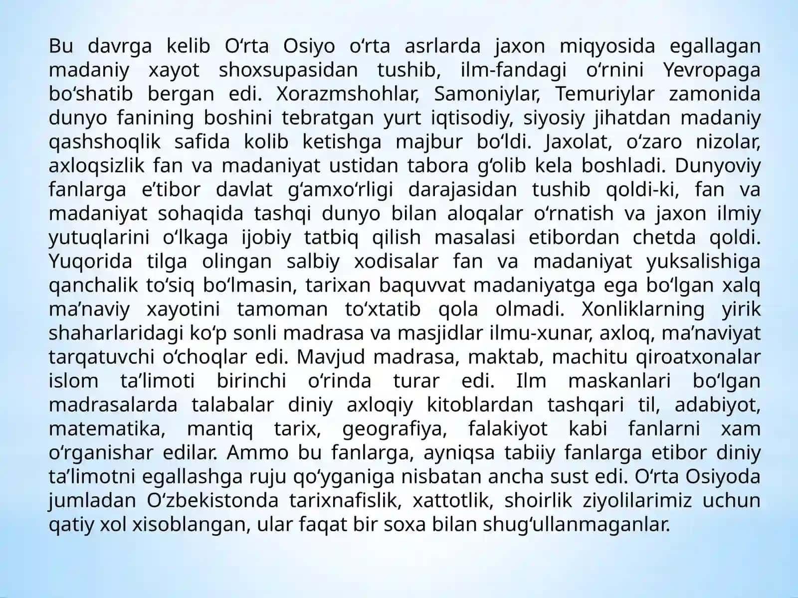 XVI-XIX asrlarda Markaziy Osiyoda fanning ahvoli. 4