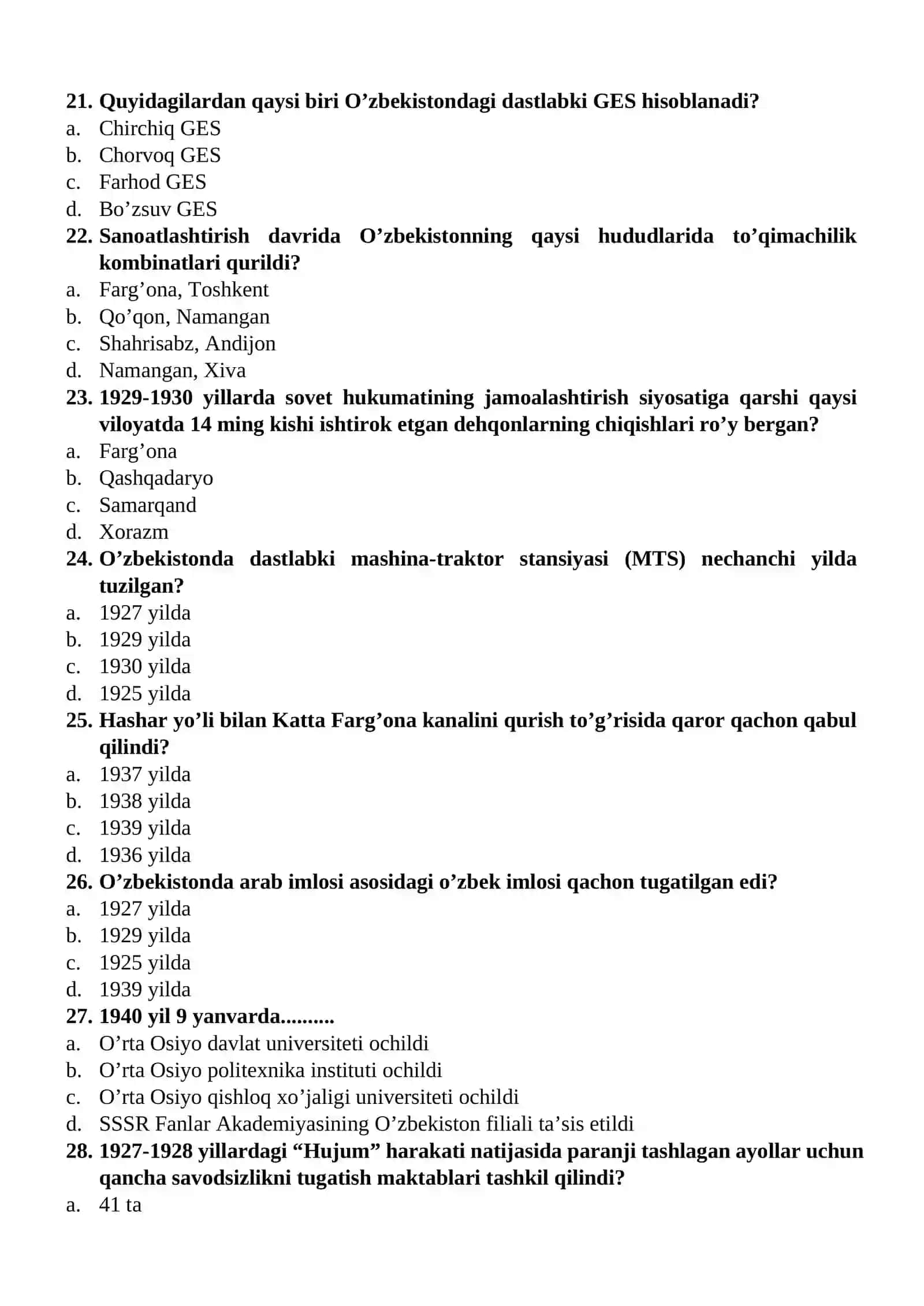 O’zbekiston tarixi fanidan yakuniy davlat attestatsiyasi uchun test savollari to’plami: 2 qism 4