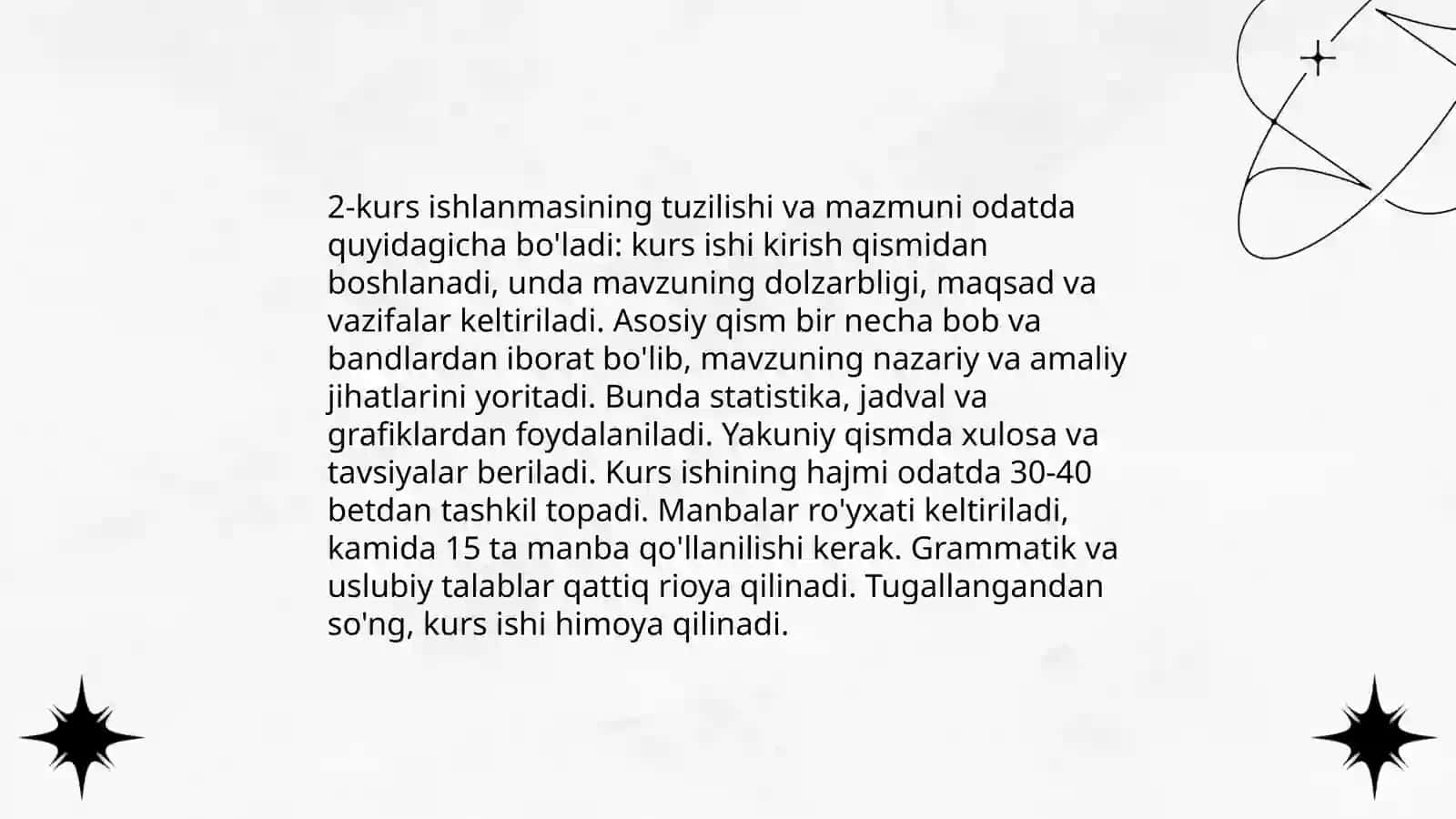 Kurs ish tarkibi va unga qoʻyilgan talablarni oʻrganish, yakunlash va baholash 4