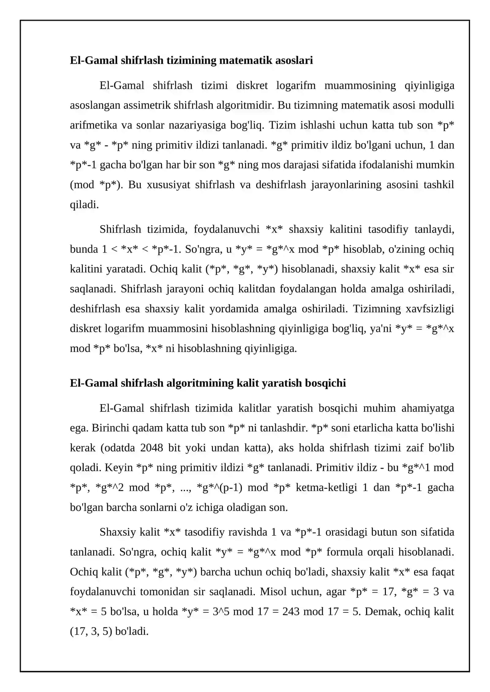 El-Gamal shifrlash tizimining matematik modeli va algoritmlari 4