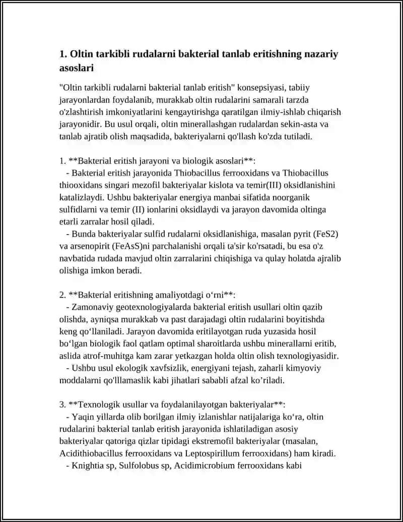 MURAKKAB OLTIN TARKIBLI RUDA VA BOYITMALARNI BAKTERIAL TANLAB ERITISH NAZARIYASI VA AMALIYOTI 4