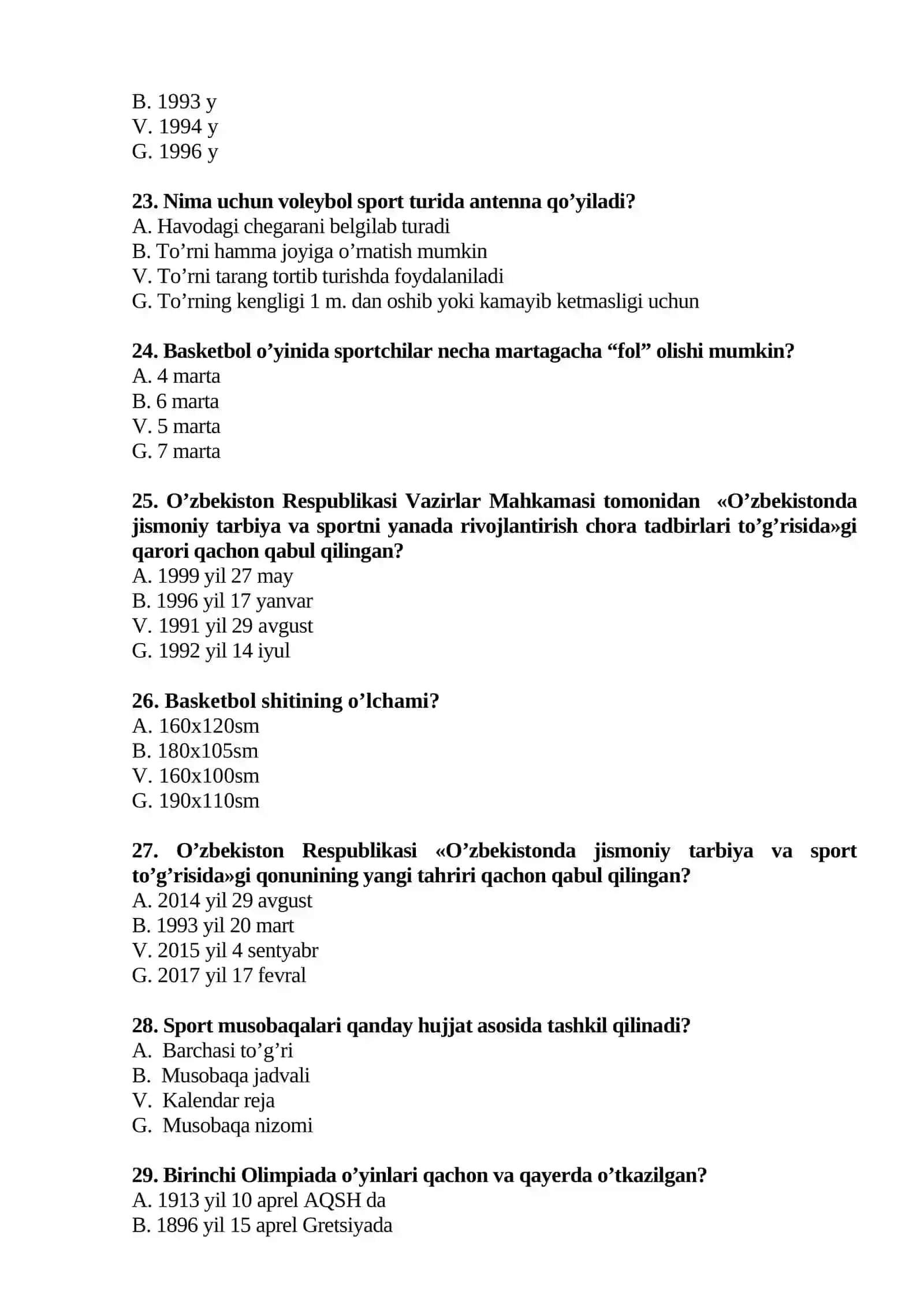 Jismoniy tarbiya va sport fаnidаn tеst sаvоllаri 4