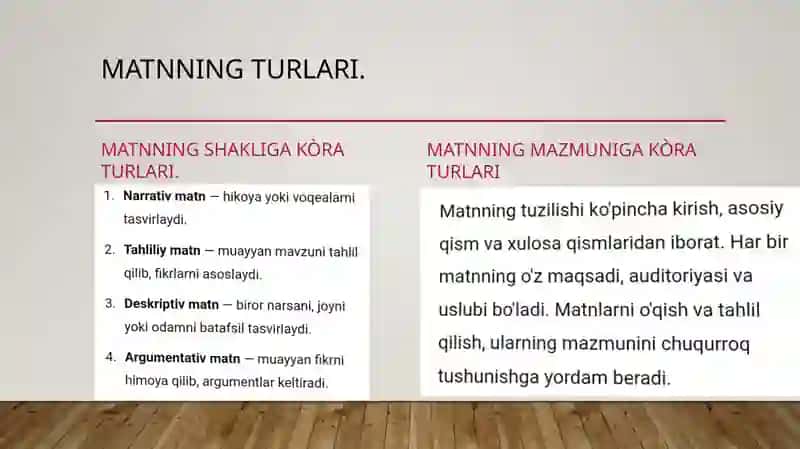 Matn va ularning turlari.Matn hosil qiluvchi vositalar 4