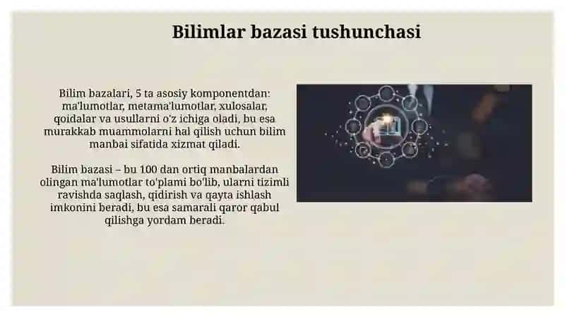 Ma'lumot axborot bilimlar bazasi va bilimlarni qayta ishlash 4