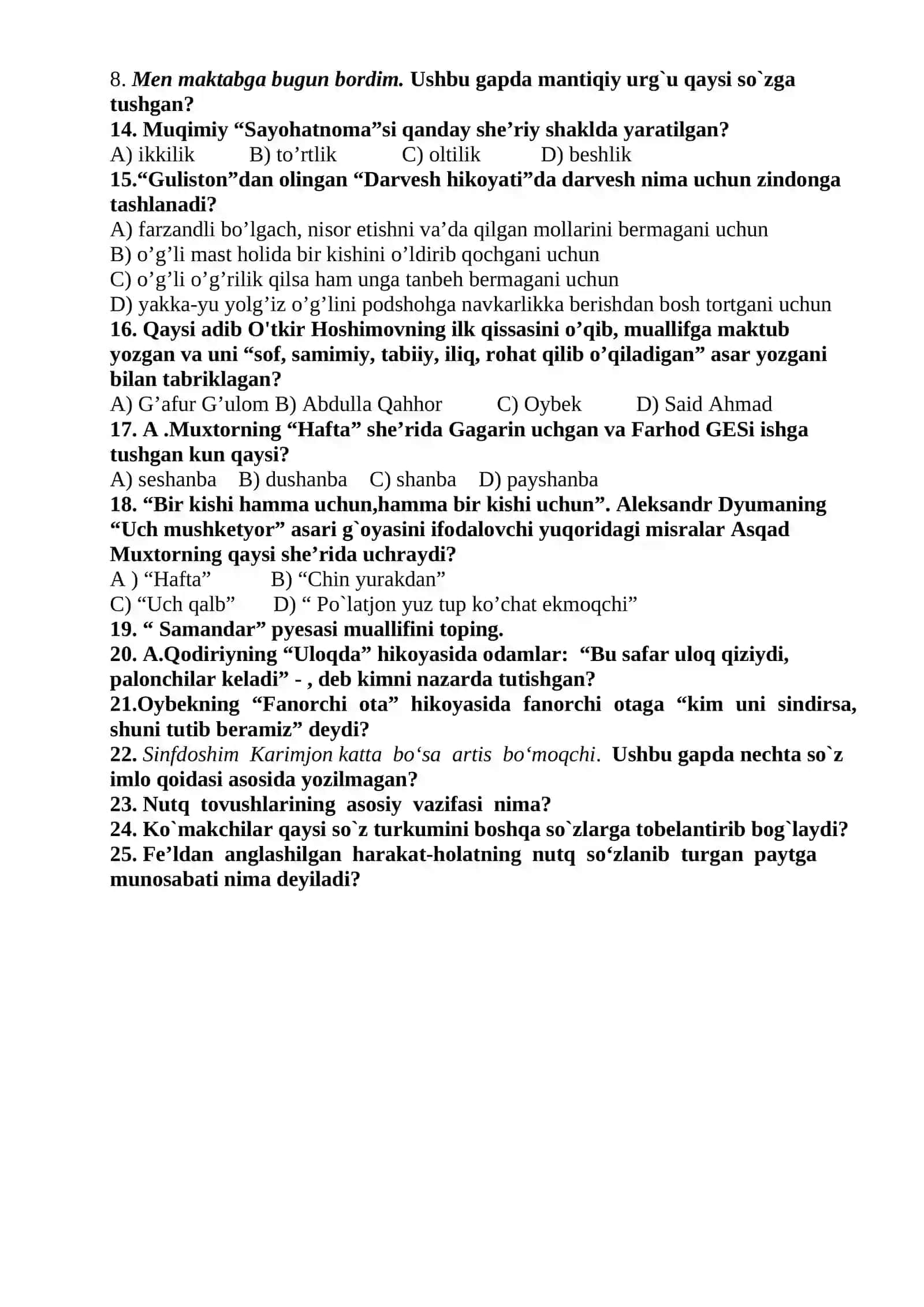 TUMAN BOSQICHI UMUMTA’LIM MAKTABLARINING 5-SINFLARI UCHUN ONA TILI VA ADABIYOT FANIDAN TEST 4