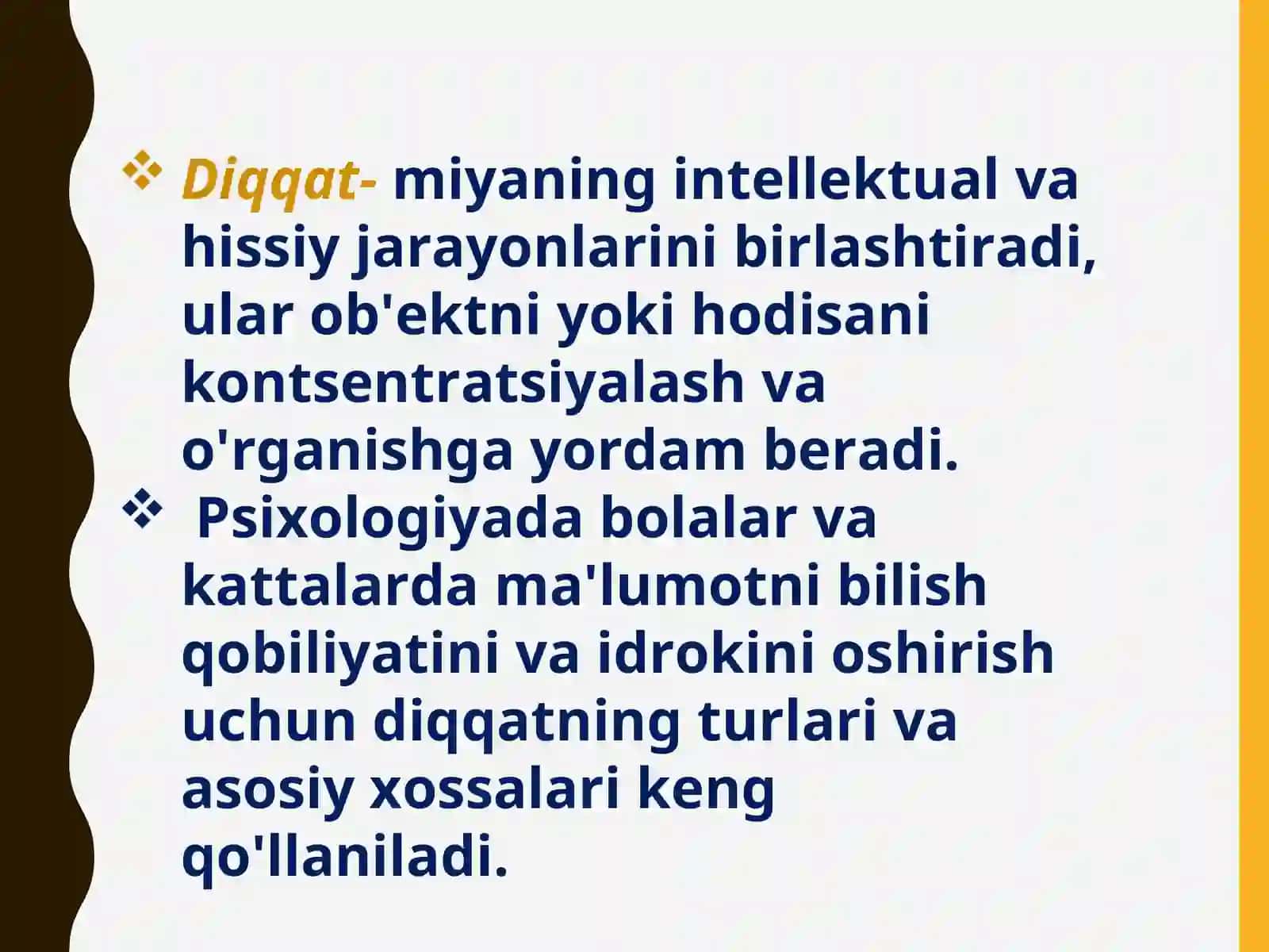 Ixtiyorsiz diqqat- rejasiz, maqsadsiz, iroda kuchisiz ongning biror obektga to’planishi 4