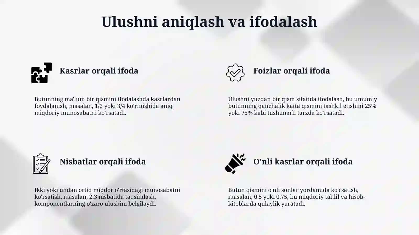 Ulush. Butunning ulushini topish. Ulushga ko'ra butunni topish. 4