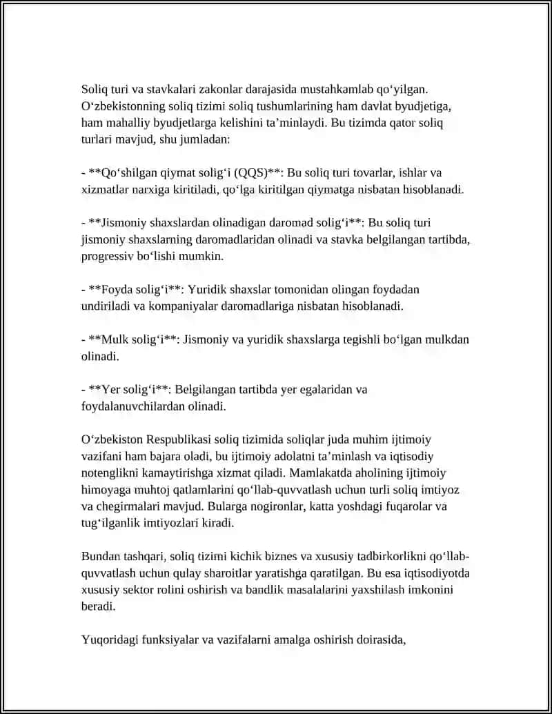O‘ZBEKISTON RESPUBLIKASINING SOLIQ TIZIMIDA SOLIQLARNING MOHIYATI VA AHAMIYATI 4