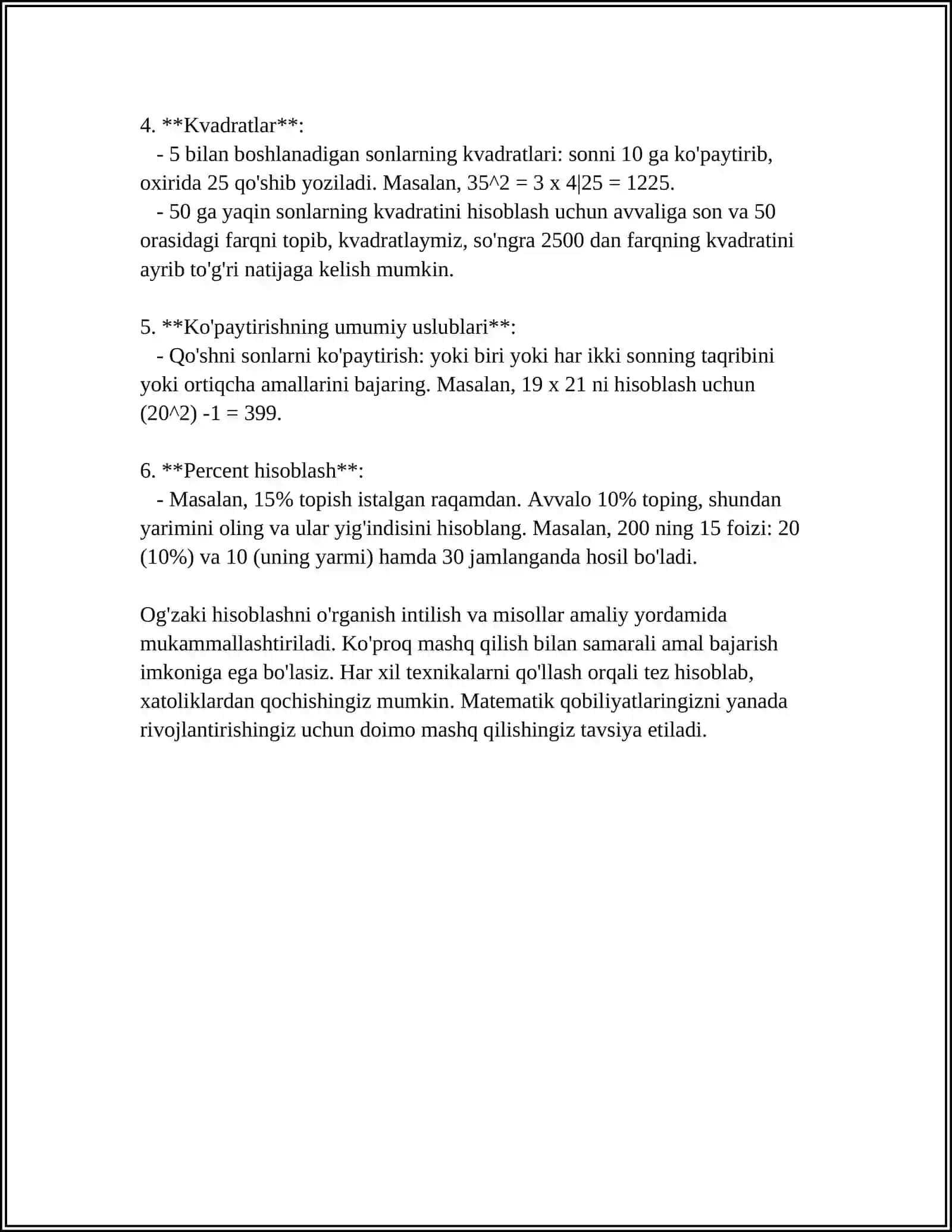 YUZLIK MAVZUSIDA OG'ZAKI VA YOZMA HISOBLASH METODIKASI. OG'ZAKI HISOBLASH TEXNOLOGIYALARI 4