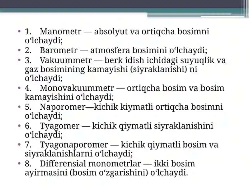 Bosim o‘lchashda islatiladigan o‘lchov asboblari 4