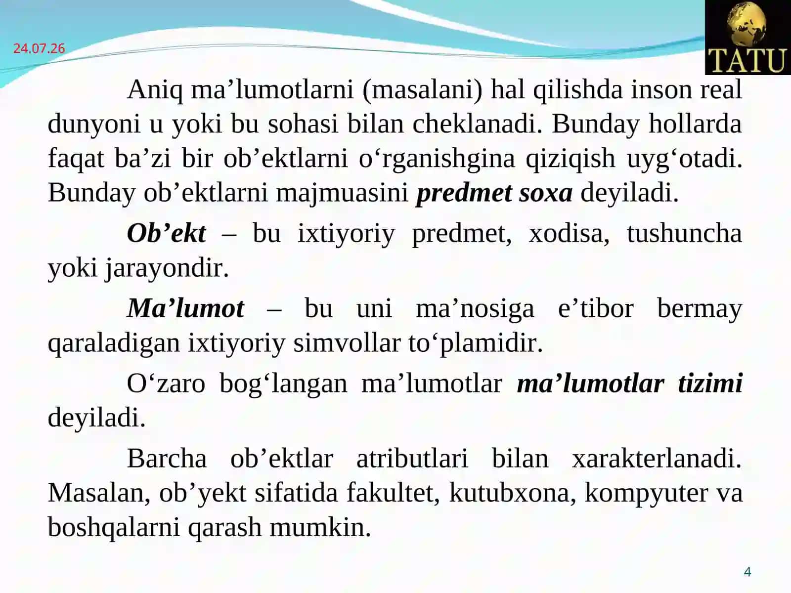 Ma’lumotlar bazasining maqsadi, vazifalari va asosiy tushunchalari 4