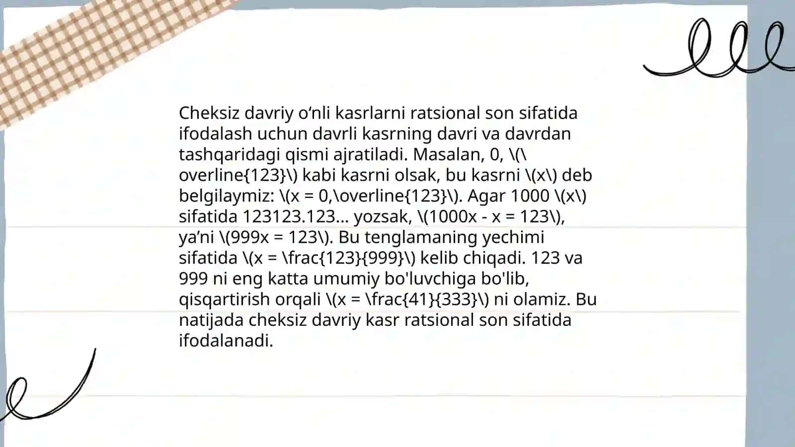 Ratsional son cheksiz davriy o‘nli kasr sifatida. Haqiqiy sonlar. Irratsional son tushunchasi. Davriy bo‘lmagan cheksiz o‘nli kasr. Haqiqiy sonlar to‘plamining xossalari. Haqiqiy sonlar ustida arifmetik amallar. Qo‘shish va ko‘paytirish qonunlari. Sonlarni yaxlitlash qoidalari va taqribiy sonlar ustida amallar. Absolyut va nisbiy xato 4
