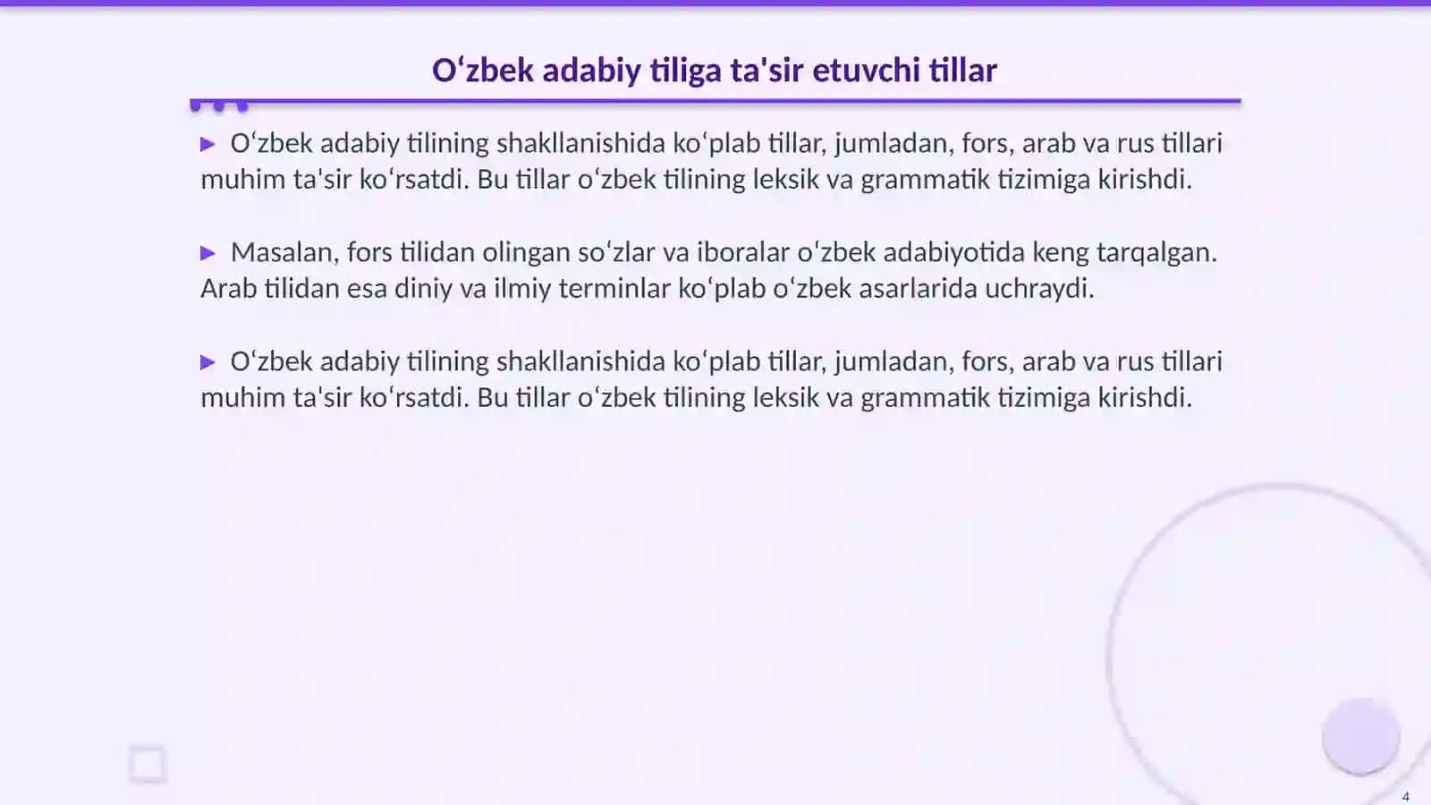 O‘ZBEK ADABIY TILINING SHAKLLANISHIDA BOSHQA TIZIMDAGI TILLARNING O‘RNI 4