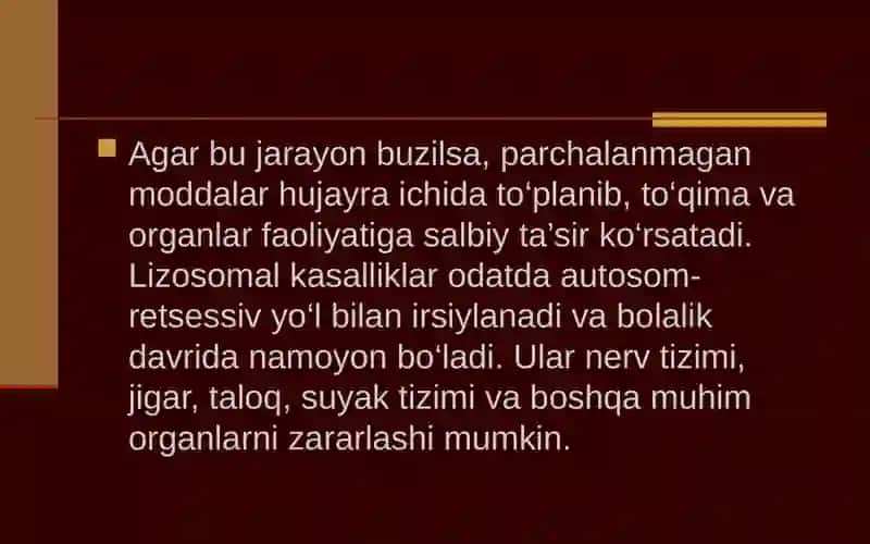 Lizosom kasalliklar Sindrom Go’she. Etiopatagenez, klinikasi, diagnostikasi, dif. diagnostikasi, davolash, profilaktikasi 4