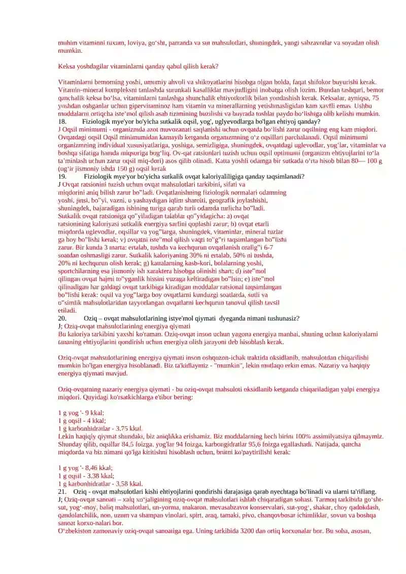 Ovqatlanish fizologiyasi nazorat savollari 4