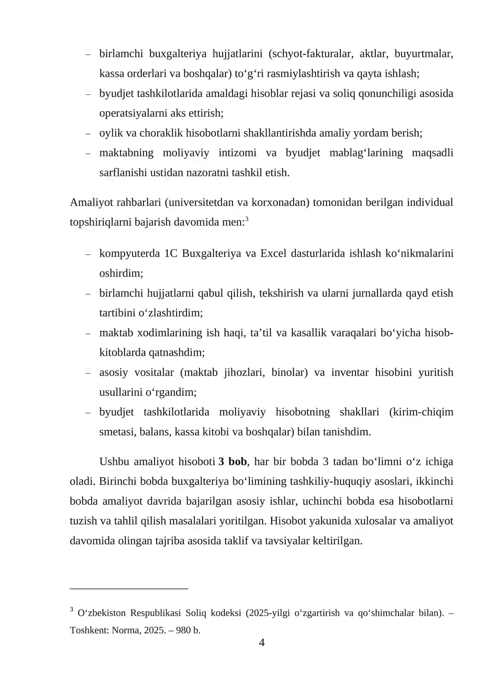 AMALIYOTI HISOBOTI. Umumta’lim maktabining buxgalteriya bo‘limida o‘talgan. 4