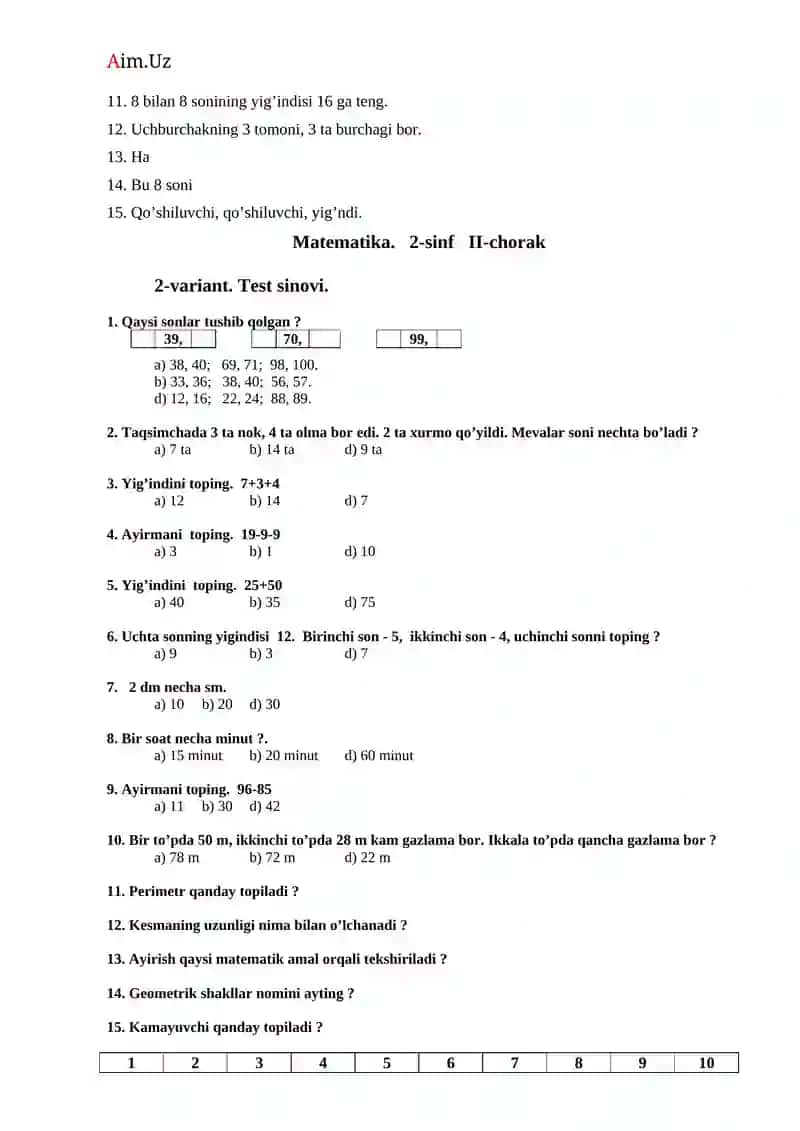 Matematika. 2-sinf I-chorak 4