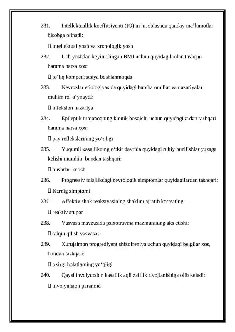 PSIXIATRIYA MUTAXASSISLIGI BOʻYICHA SHAKLLANTIRILGAN TEST SAVOLLARINING JAVOBLAR 4