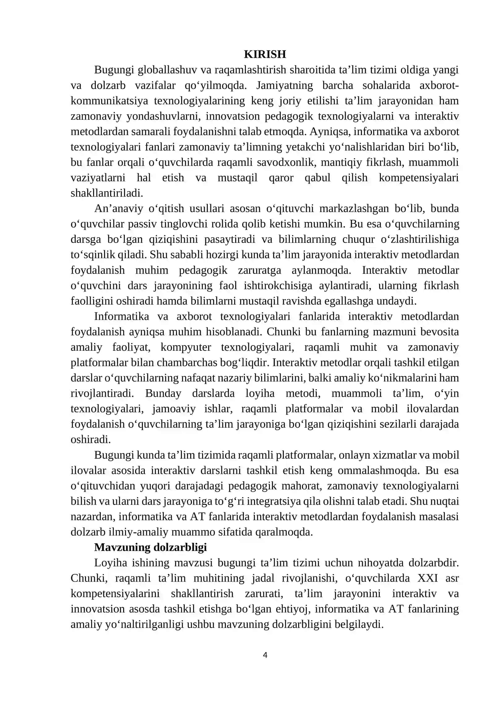 “Informatika va AT fanlarida interaktiv metodlardan foydalanish” mavzusidagi L O Y I H A I SH I 4