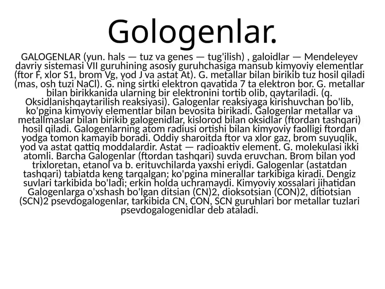Galogenlar (Gologenlarning sul'fidlari,gologenlarning oksokislatalari) 4