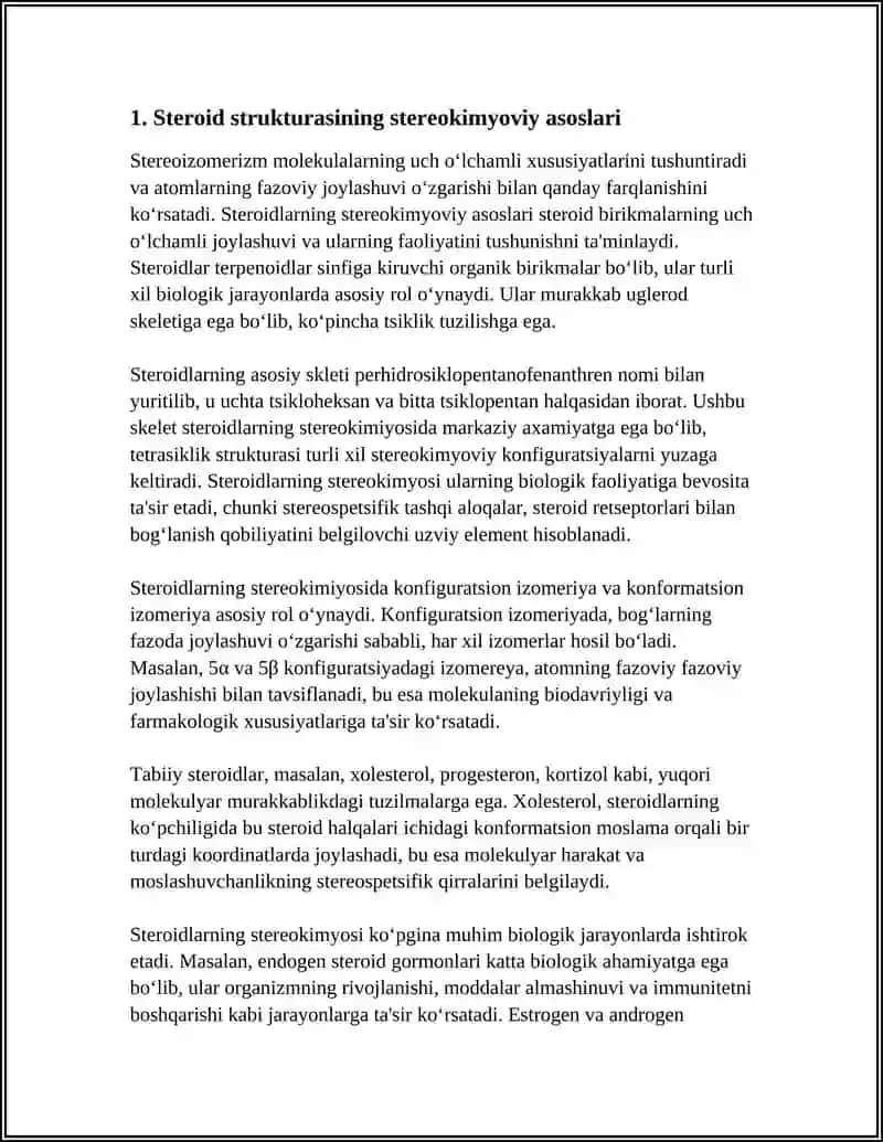 STEROIDLAR VA TERPENLARNING STEREOKIMYOSI HAMDA ULAR ISHTIROKIDAGI MUHIM BIOLOGIK JARAYONLAR 4