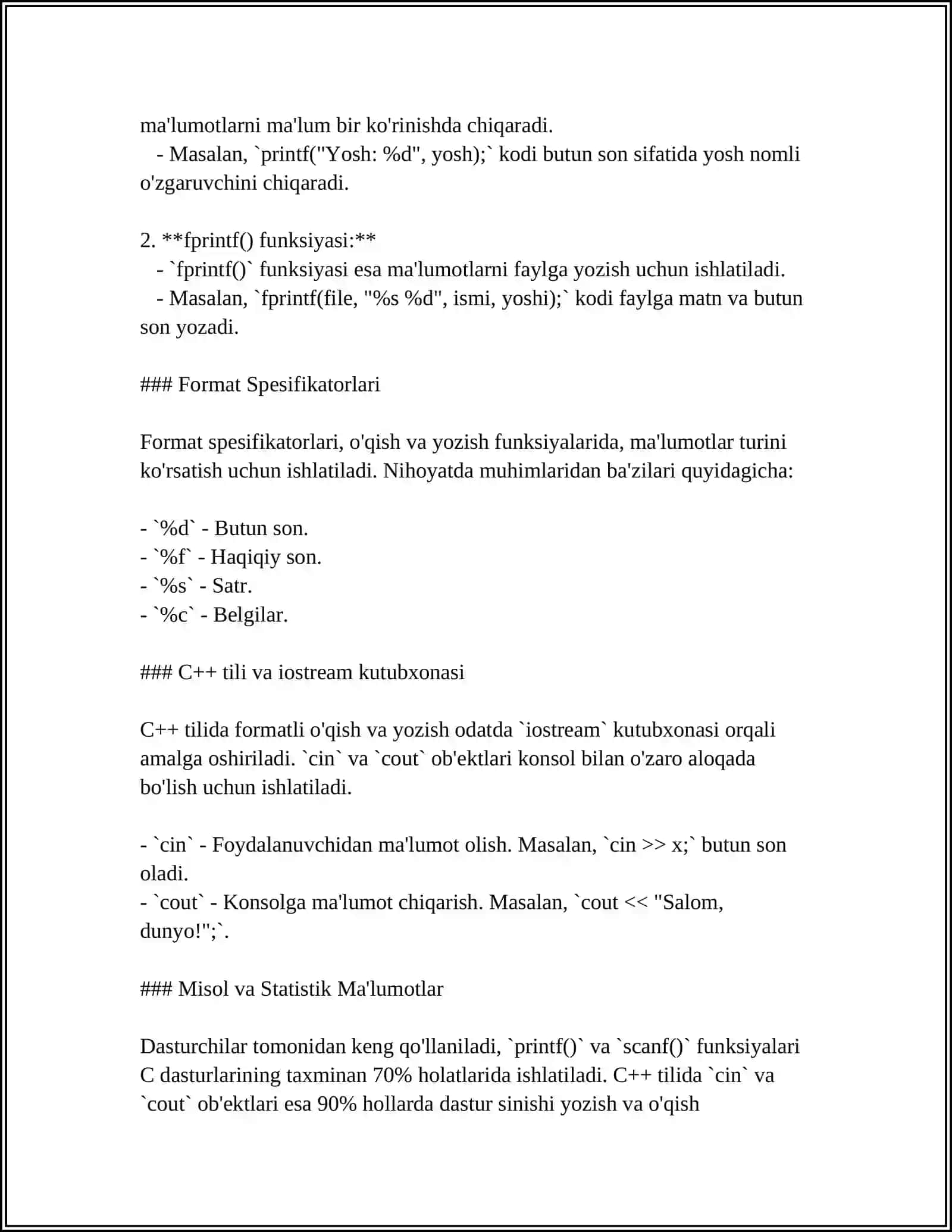 MUSTAQIL ISH Mavzu: FORMATLI O'QISH VA YOZISH FUNKSIYALARI 4