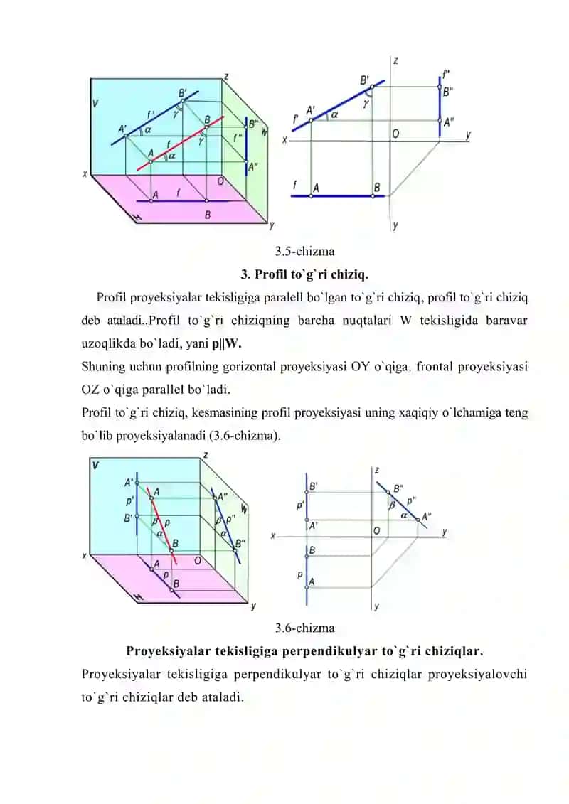 To’gri chiziq. To’g’ri chiziq kesmasining ortogonal proyeksiyalari. Umumiy va xususiy vaziyatdagi to’g’ri chiziqlar. 4