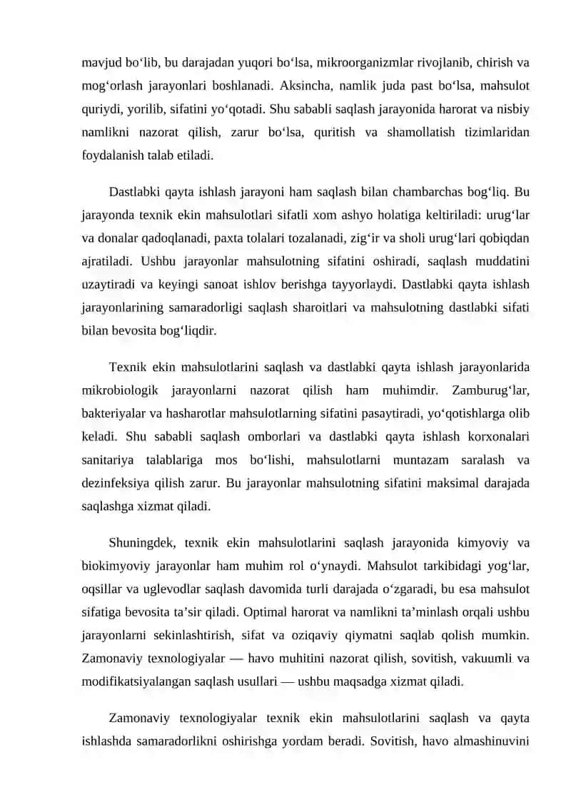 Texnik ekin mahsulotlarini saqlash va dastlabki qayta ishlash texnologiyasidagi asosiy jarayonlar 4