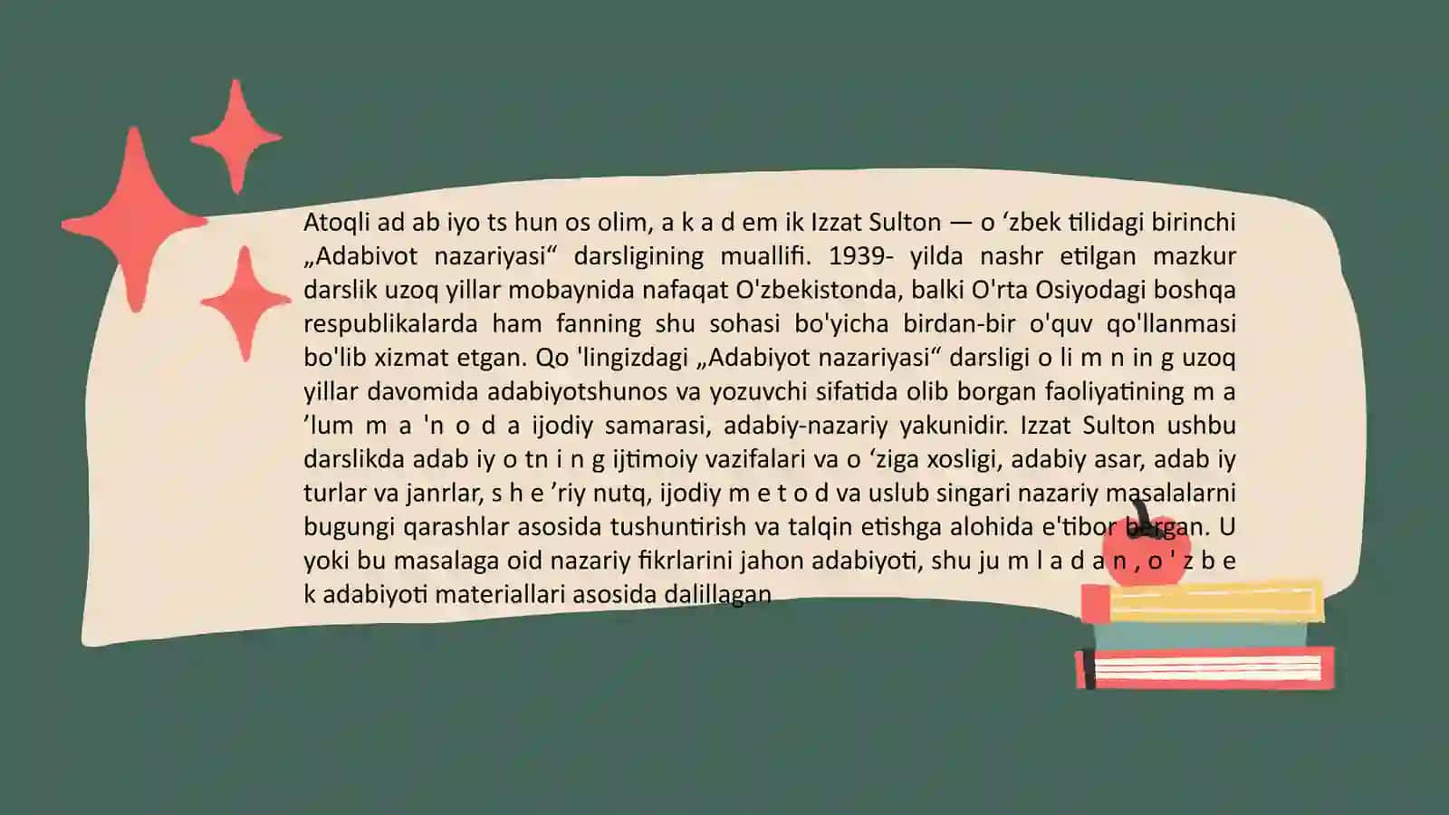 BADIIY ASAR HAQIDA TA’LIMOT. BADIIY SHAKL VA MAZMUN MUNOSABATI. BADIIY OBRAZ TURLARI. ADABIYOTDA INSON KONSEPSIYASI 4