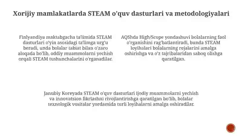 STEAM ta’lim texnologiyasini maktabgacha ta’limda qollash bo’yicha xorijiy tajribalar 4